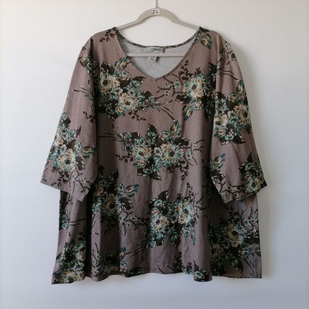 Catherines Women's Taupe Multicolor Floral V Neck Blouse Top Size 2X
